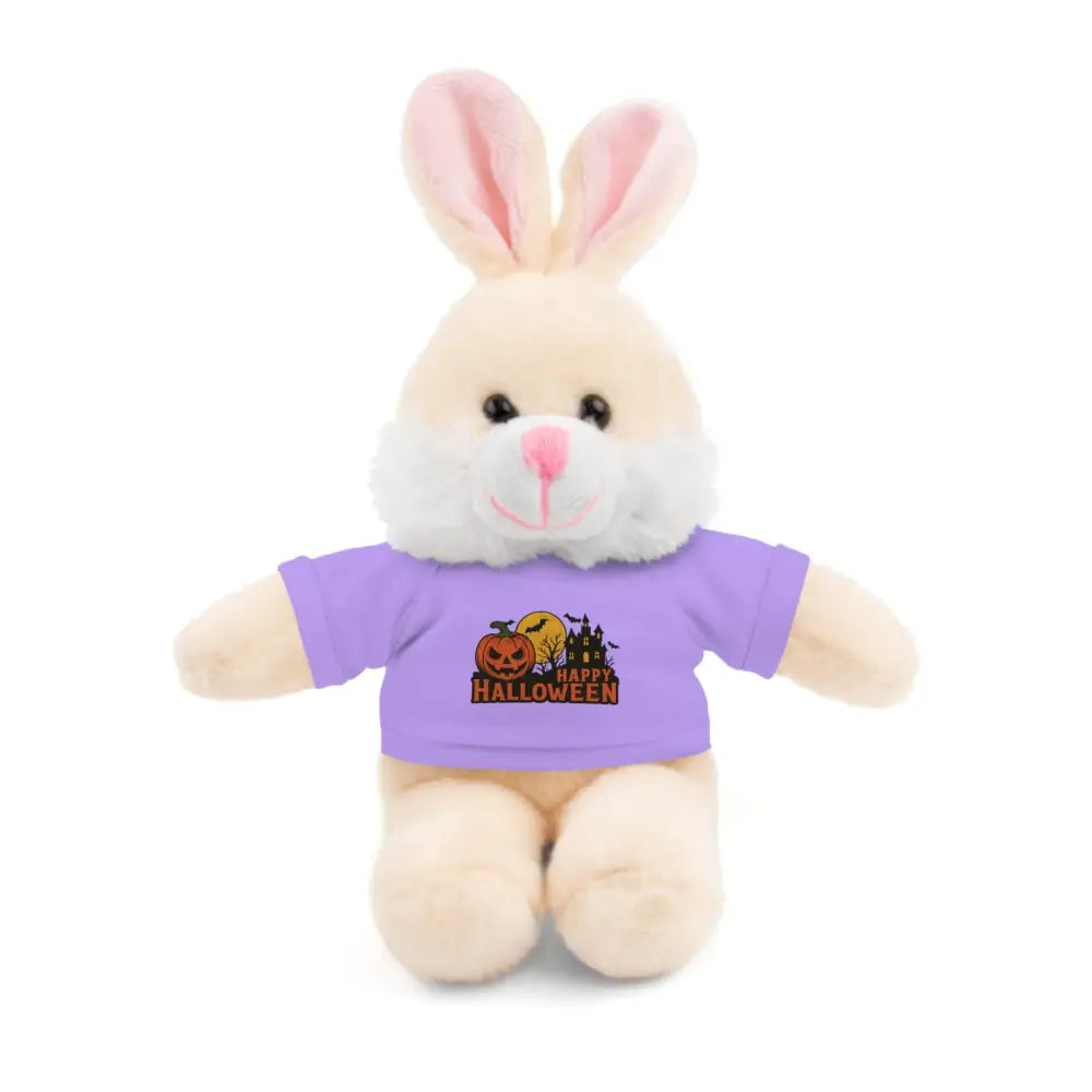 Plush bunny wearing purple Happy Halloween t-shirt Halloween Stuffed Animal collectible plush