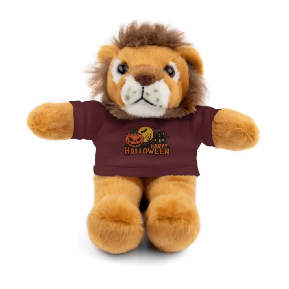 Plush lion wearing a maroon Happy Halloween t-shirt from PixiOnyx haunted house stuffed animal collection