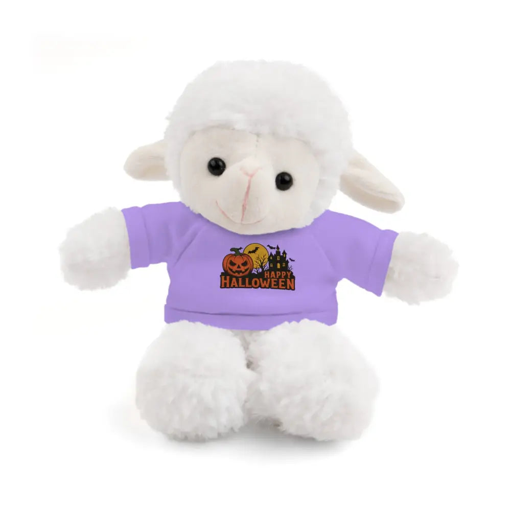 White lamb plush toy with lavender haunted house tee, perfect collectible stuffed animal