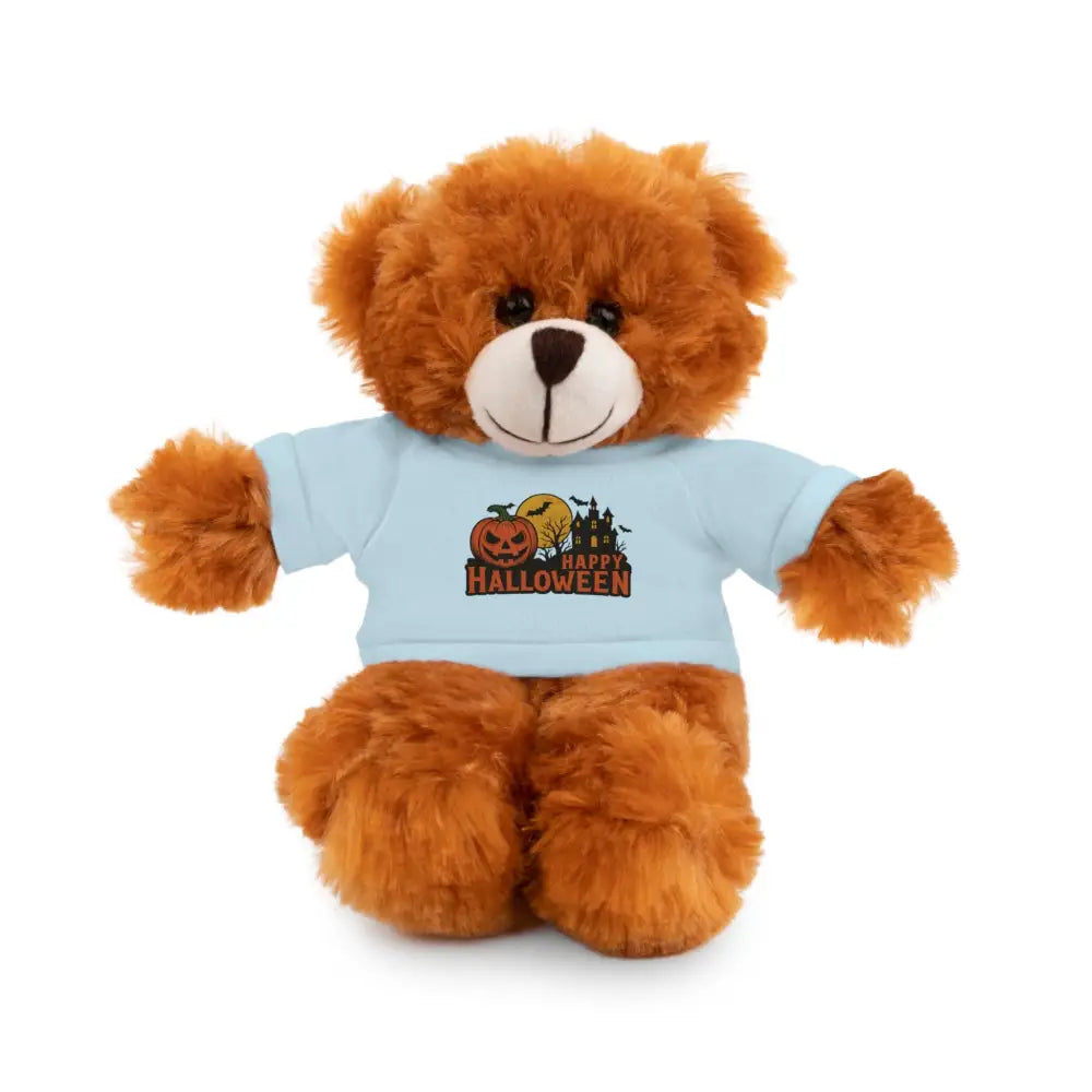 Brown teddy bear wearing a light blue Happy Halloween tee, haunted house themed collectible plush