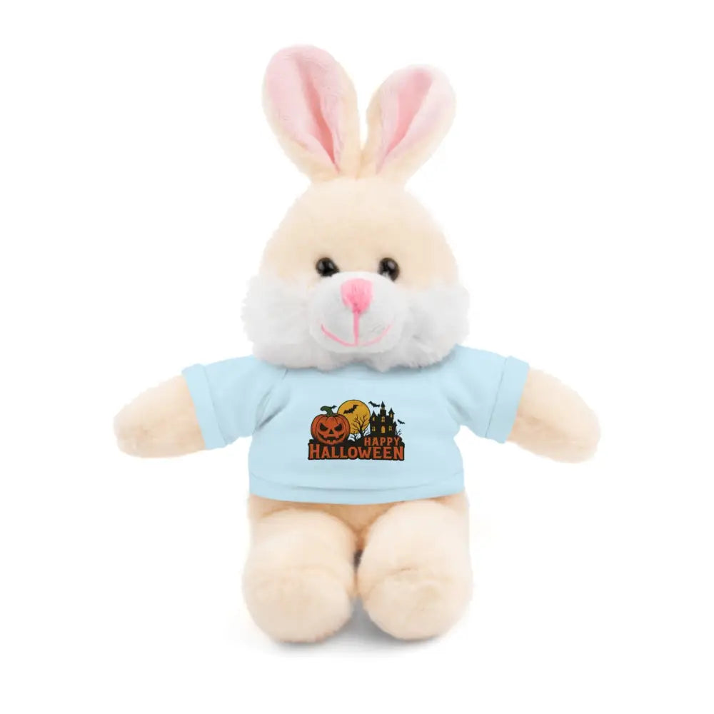 Plush bunny wearing Halloween-themed light blue T-shirt from PixiOnyx collectible plush toy