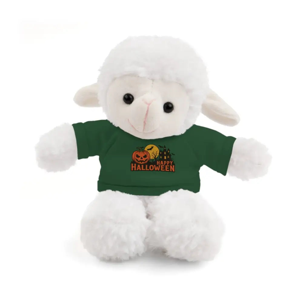 White plush lamb wearing a green haunted house Halloween T-shirt collectible stuffed animal