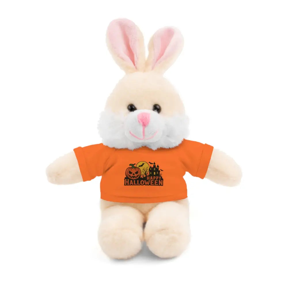Cream-colored plush bunny wearing orange Happy Halloween t-shirt, haunted house themed collectible plush toy