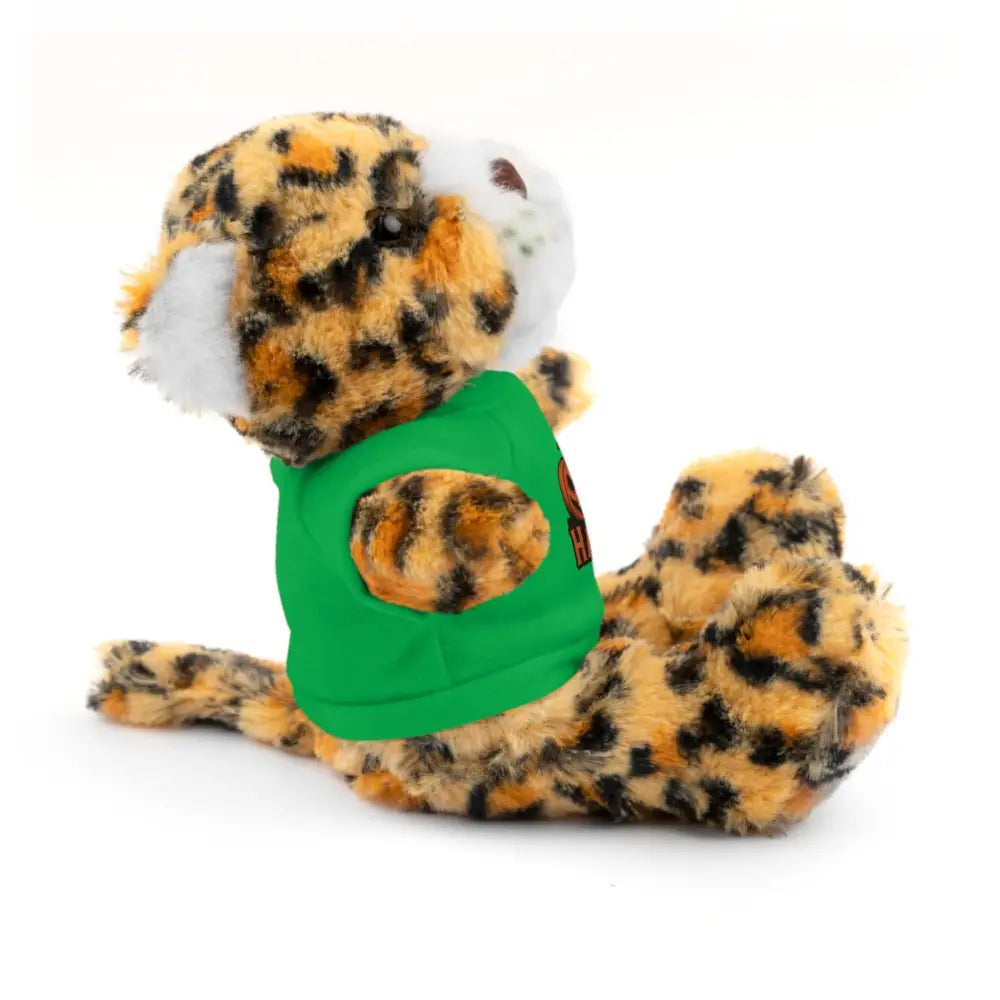 Plush cheetah toy wearing a green shirt from PixiOnyx Halloween Stuffed Animal collection