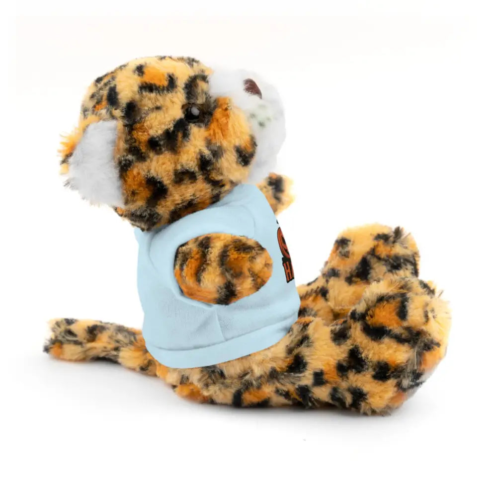 Plush toy cheetah in light blue T-shirt from PixiOnyx Halloween Haunted House stuffed animal collection