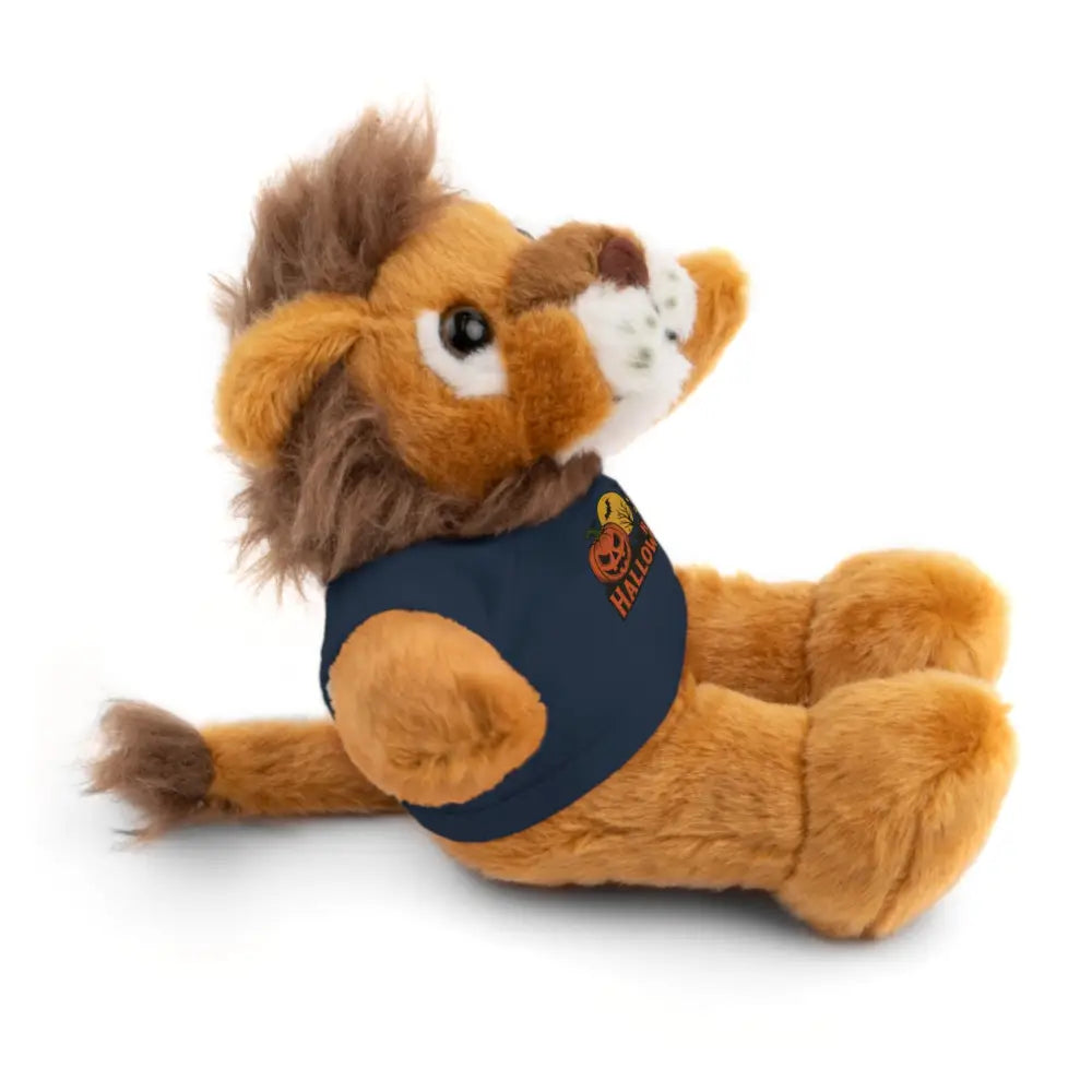 Plush lion toy wearing dark blue vest with Halloween haunted house design, collectible plush