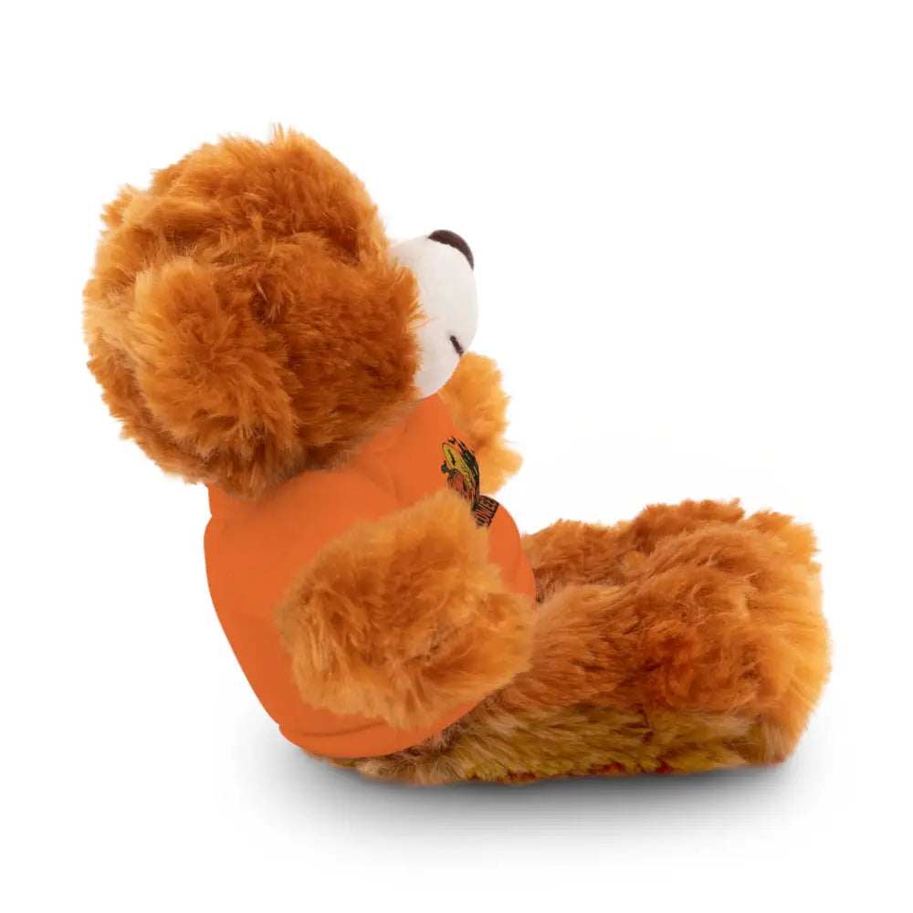 Brown plush teddy bear with orange shirt from PixiOnyx Haunted House collectible plush
