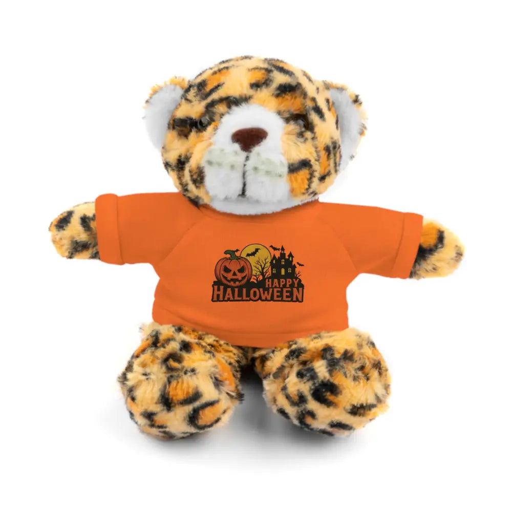 Leopard print plush toy with Halloween orange shirt featuring haunted house design, collectible stuffed animal