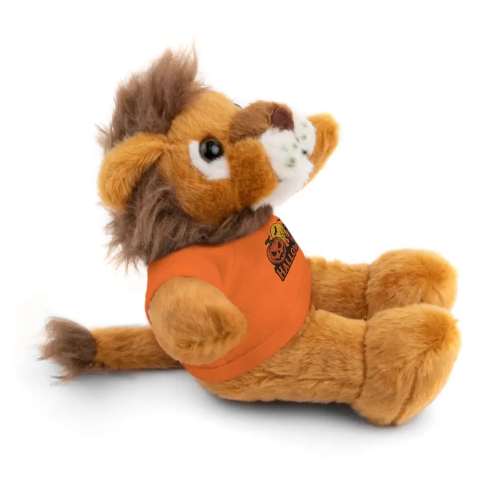 Plush lion wearing an orange Halloween shirt from PixiOnyx Haunted House collectible plush