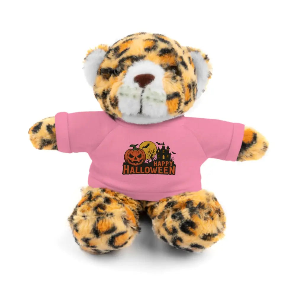 Leopard print plush toy wearing pink Happy Halloween t-shirt with haunted house design