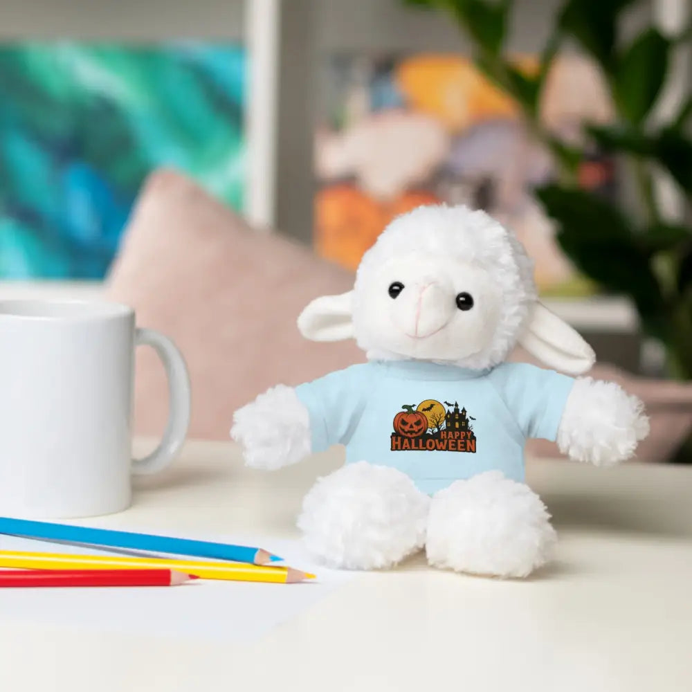 White fluffy lamb plush toy with light blue tee, haunted house themed collectible stuffed animal