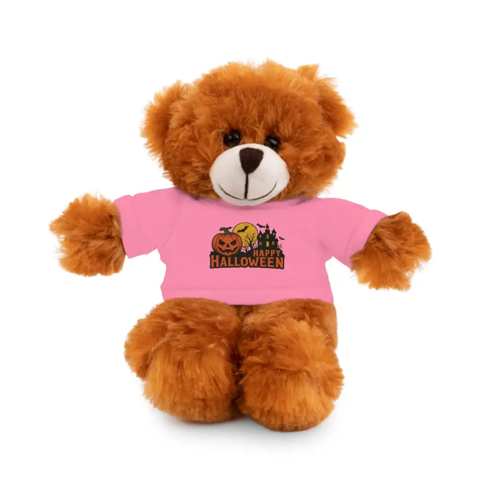 Fluffy brown Halloween stuffed animal with pink tee featuring haunted house design from PixiOnyx