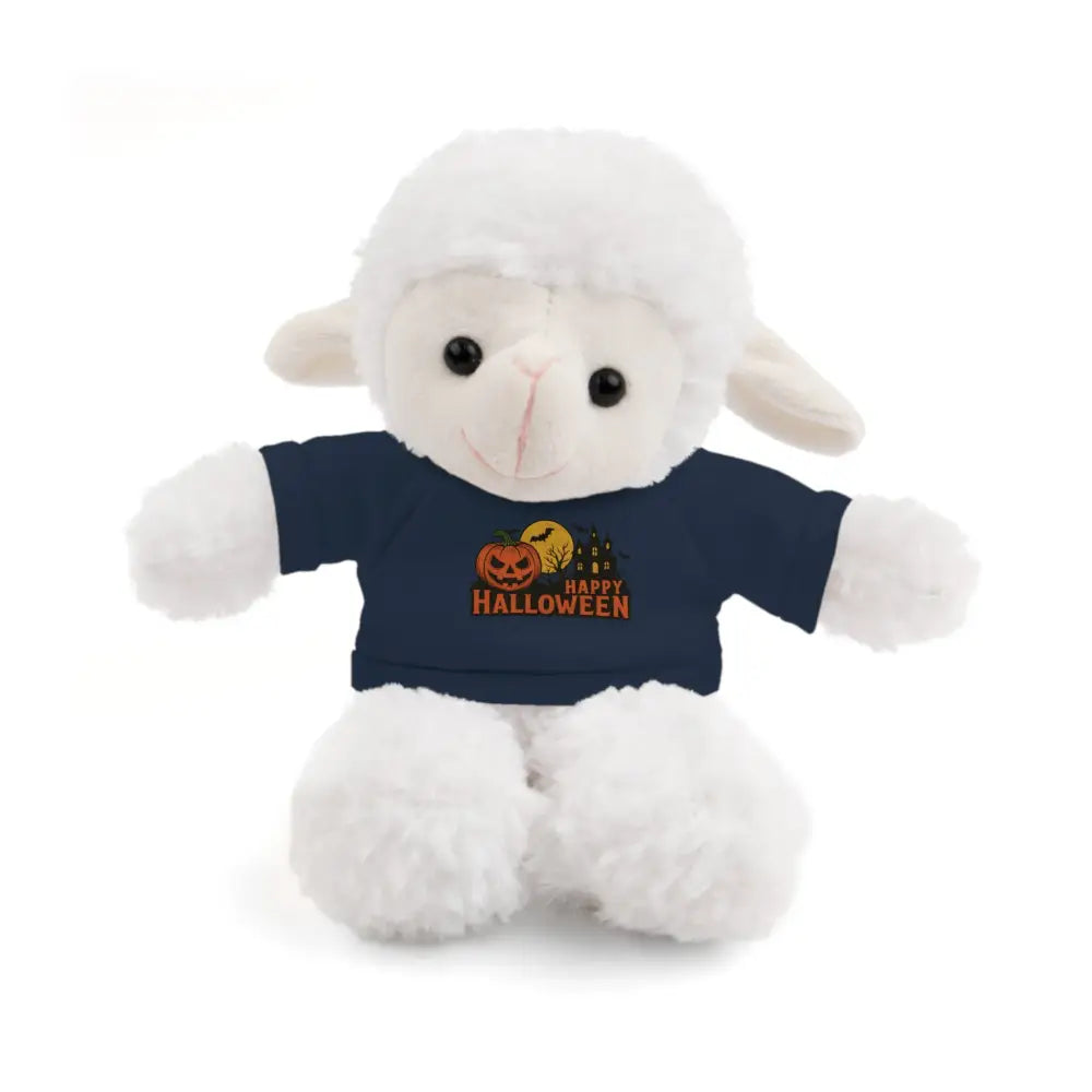 White lamb plush toy wearing dark blue Halloween tee with haunted house design, collectible plush