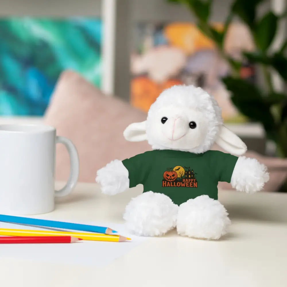 White plush lamb toy wearing a Halloween haunted house themed T-shirt, collectible plush