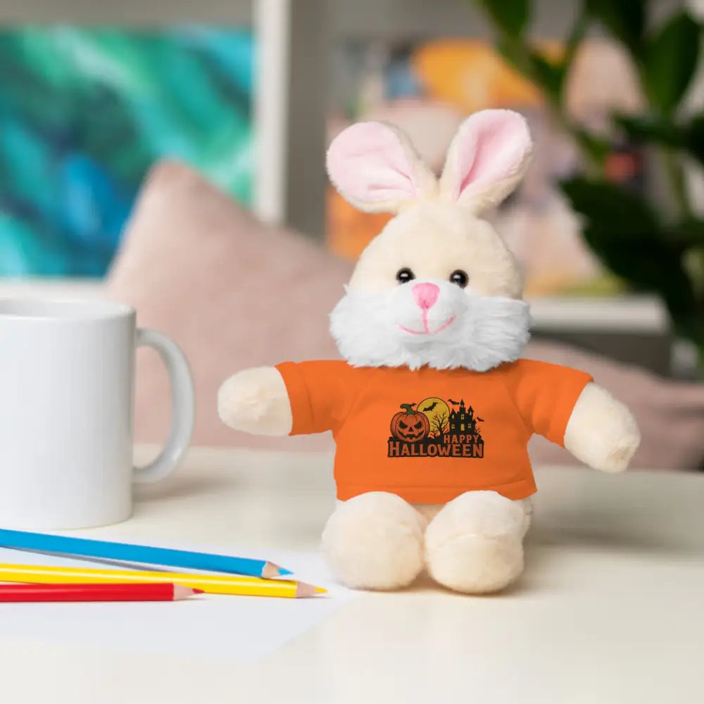Plush bunny in orange haunted house themed Halloween tee collectible plush toy