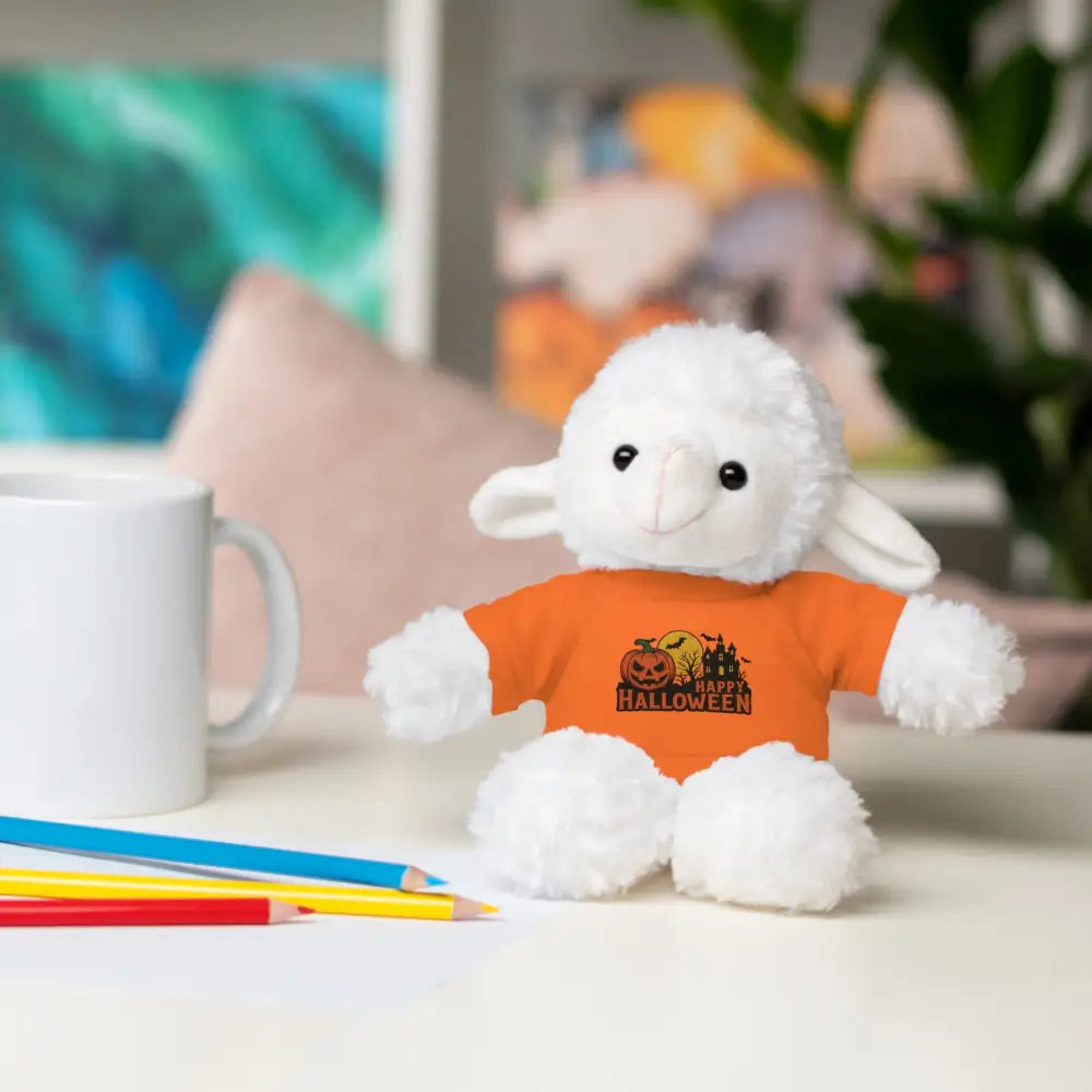 White fluffy lamb plush toy with Halloween tee, perfect haunted house collectible stuffed animal