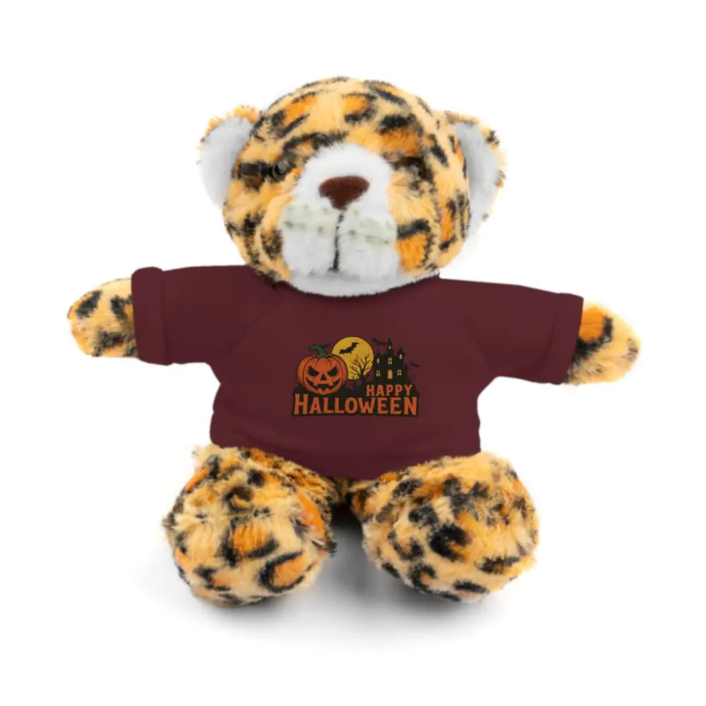 Leopard print plush toy with Halloween haunted house tee, collectible stuffed animal