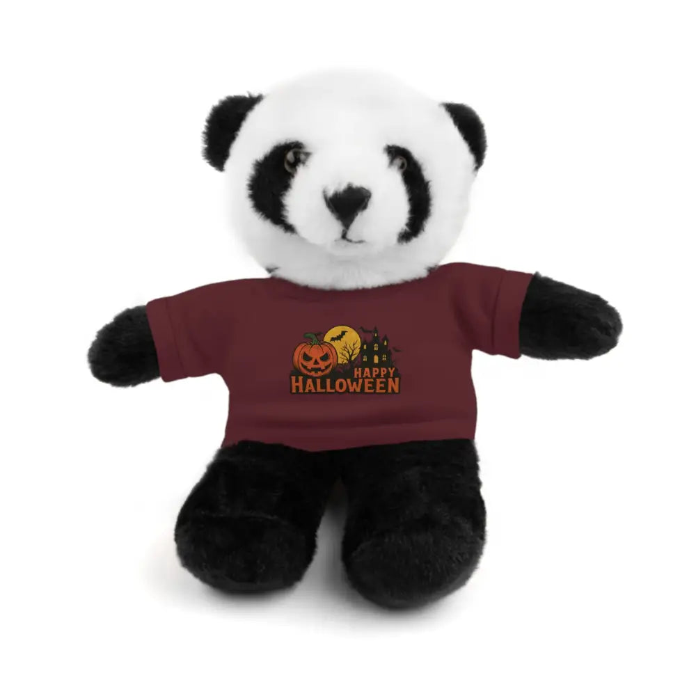 Plush panda bear stuffed animal in a red Halloween haunted house T-shirt collectible plush