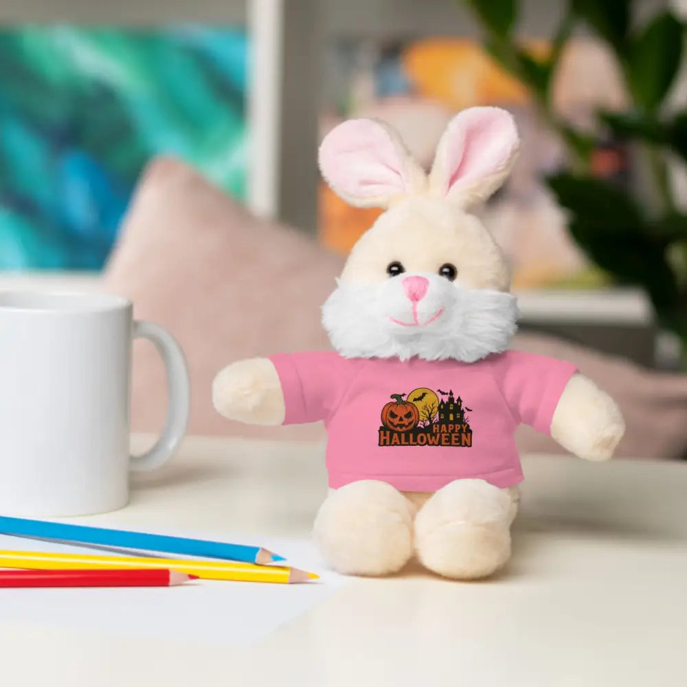 Plush bunny wearing pink Halloween T-shirt with haunted house design collectible plush