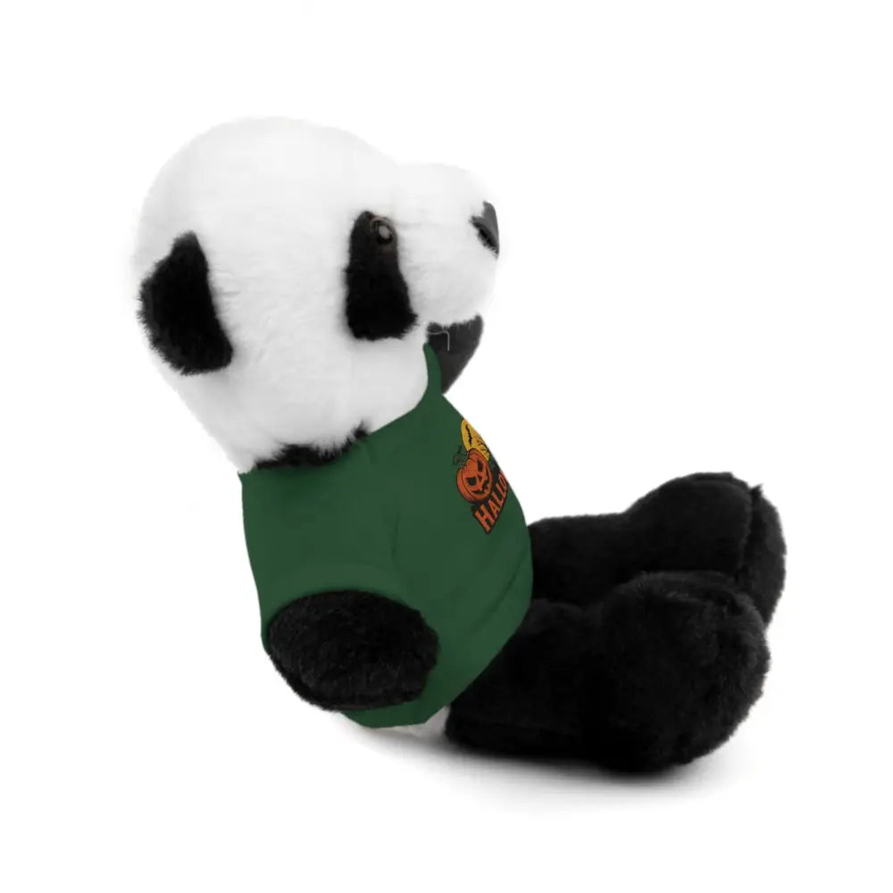 Cute plush panda toy wearing a dark green Halloween haunted house themed shirt