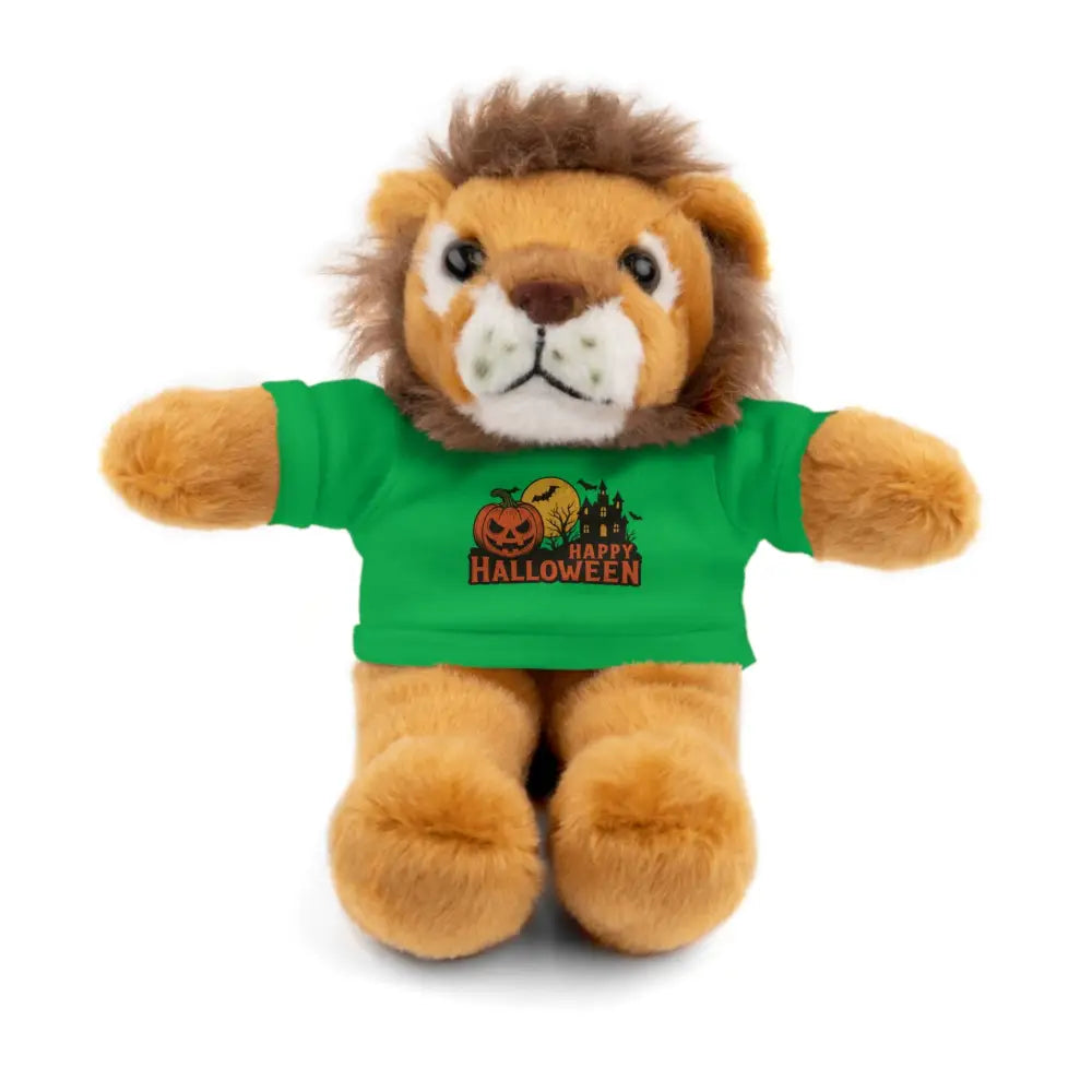 Plush lion toy wearing a green Halloween shirt from PixiOnyx haunted house stuffed animal collection