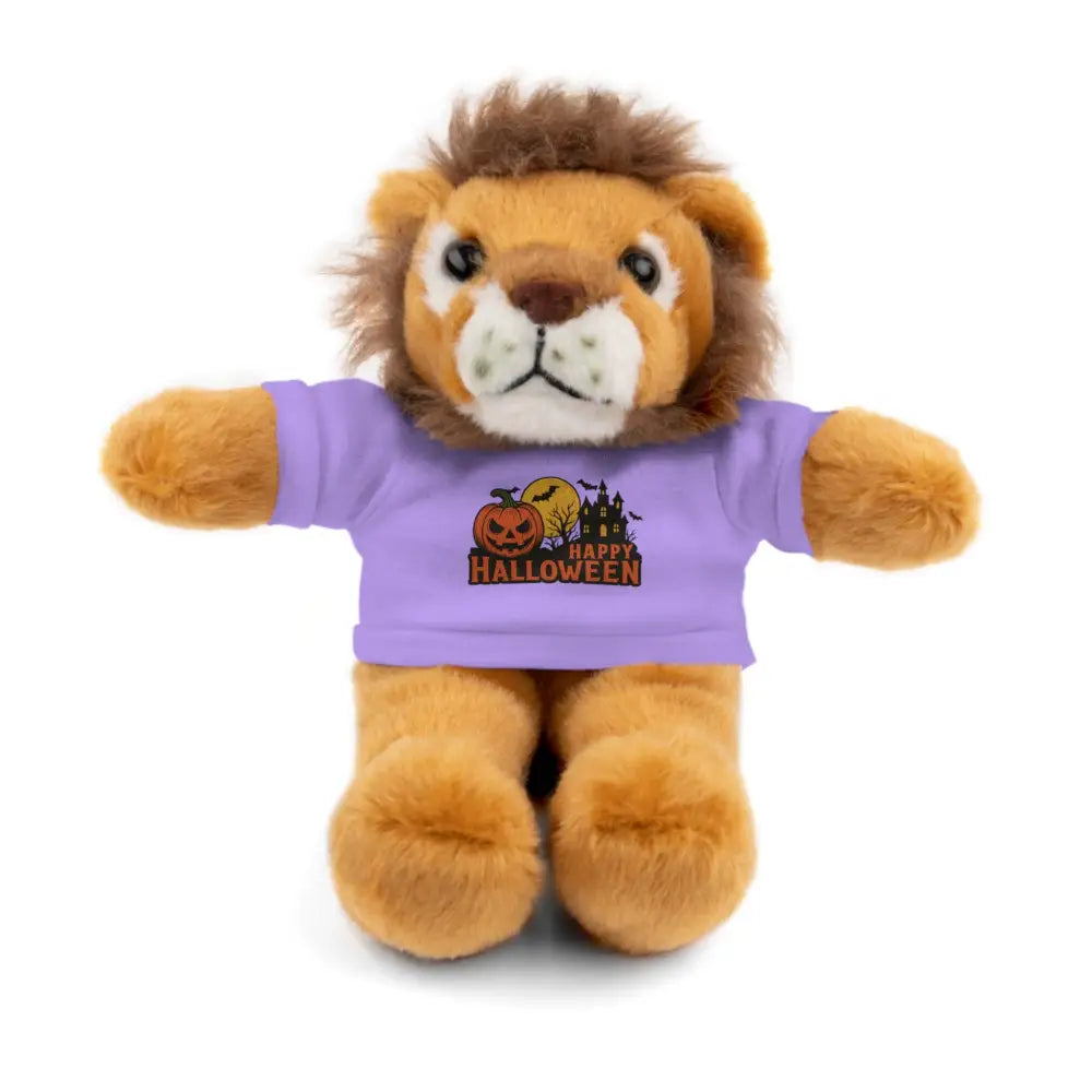 Plush lion toy wearing purple Happy Halloween t-shirt from PixiOnyx haunted house stuffed animal collection