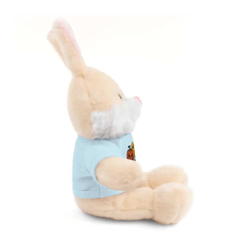 Light brown plush bunny with light blue tee from PixiOnyx haunted house stuffed animal collection
