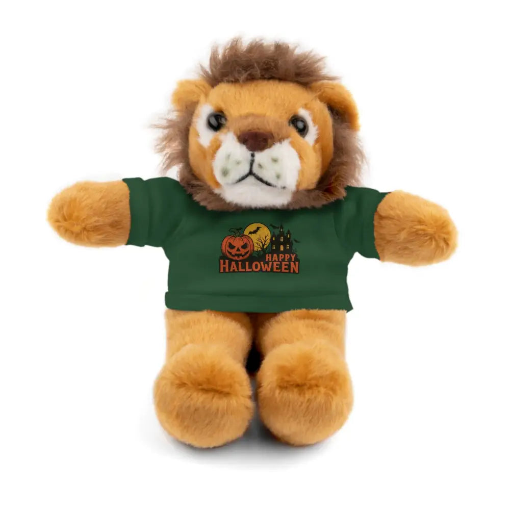 Plush lion toy wearing a green Halloween-themed T-shirt, part of PixiOnyx collectible plush collection