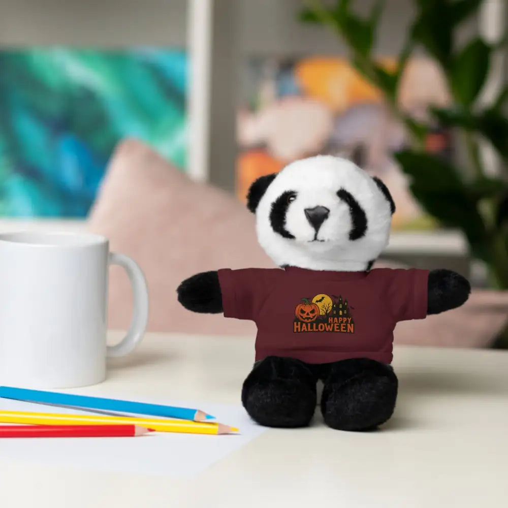 Plush panda stuffed animal wearing a maroon Halloween haunted house T-shirt for collectible plush fans