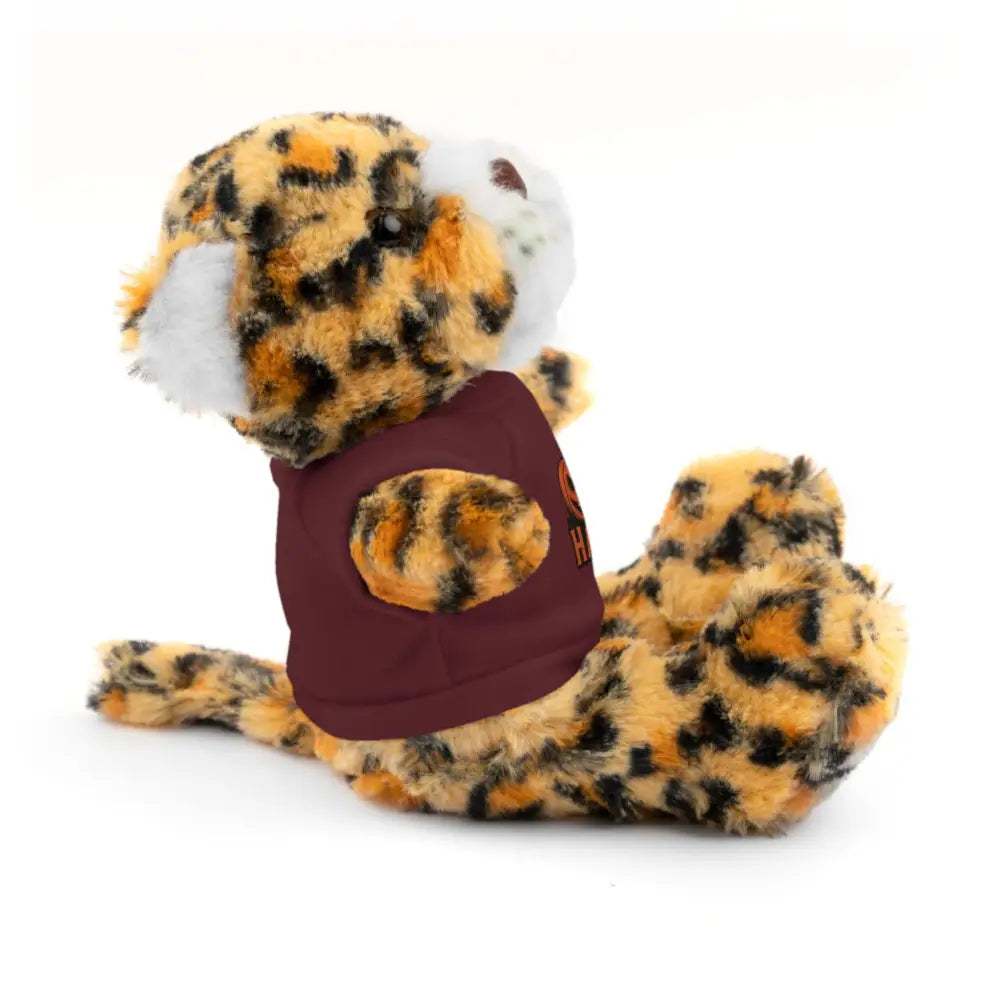 Spotted plush cheetah toy wearing maroon shirt from Halloween Stuffed Animal haunted house collection