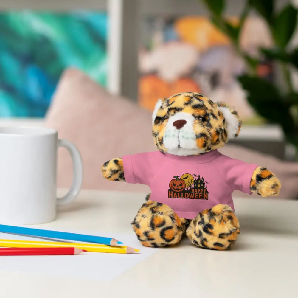 Spotted leopard print plush toy wearing pink shirt, Halloween haunted house stuffed animal