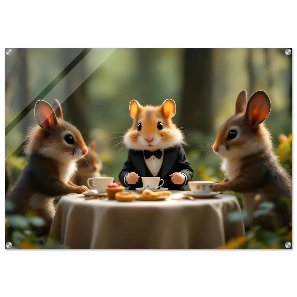 Anthropomorphic animals enjoying a tea party in an enchanted forest acrylic panel