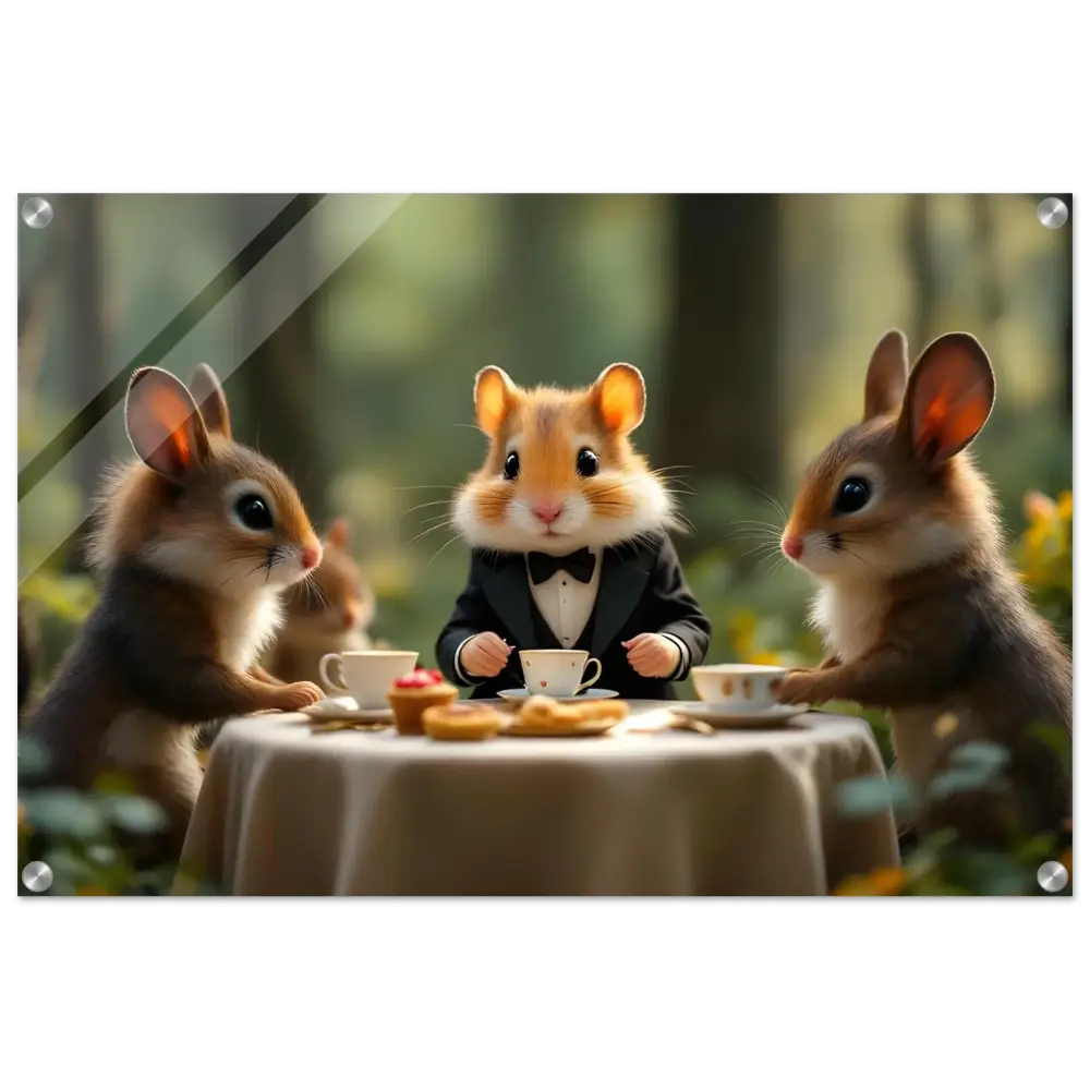 Anthropomorphic animals enjoying tea in a whimsical forest scene on PixiOnyx Crystal Print