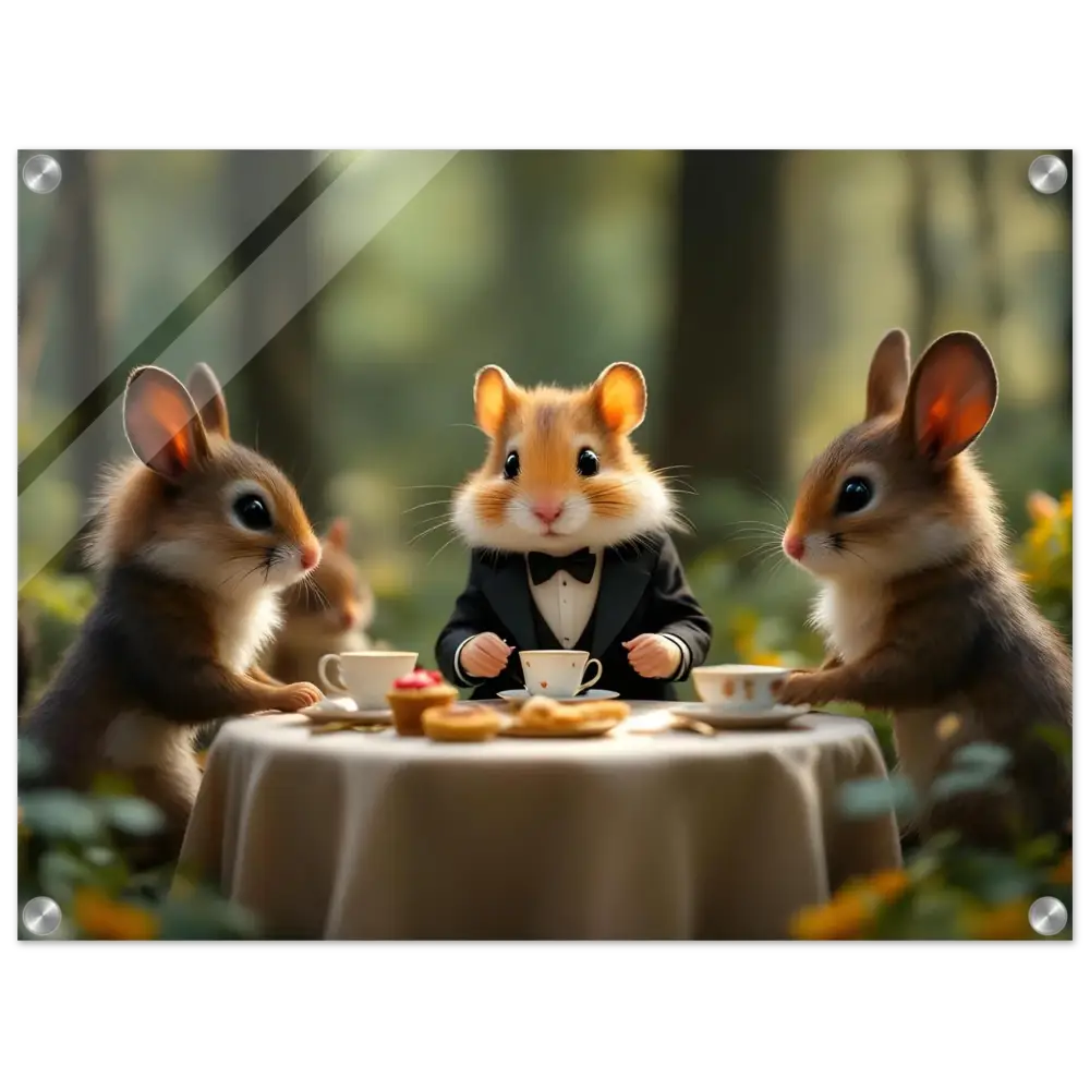 Anthropomorphic animals enjoying tea at a forest gathering on the Hamster High Tea Acrylic Panel