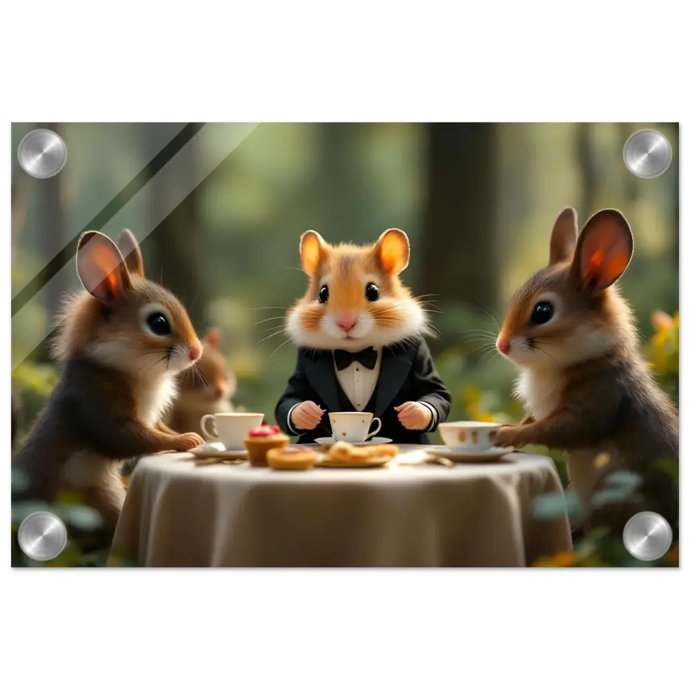 Anthropomorphic animals having tea in Enchanted Forest Gathering acrylic panel by PixiOnyx