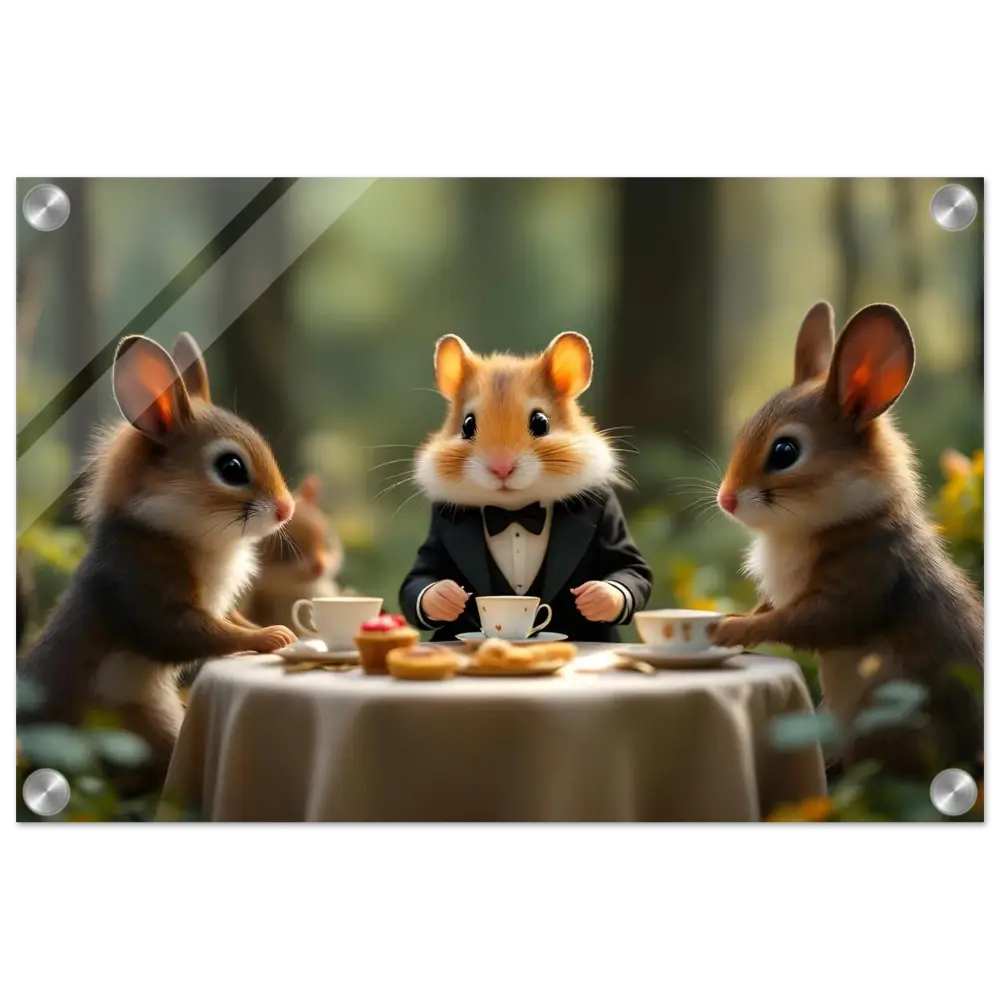 Anthropomorphic animals enjoying tea at an enchanted forest gathering acrylic panel