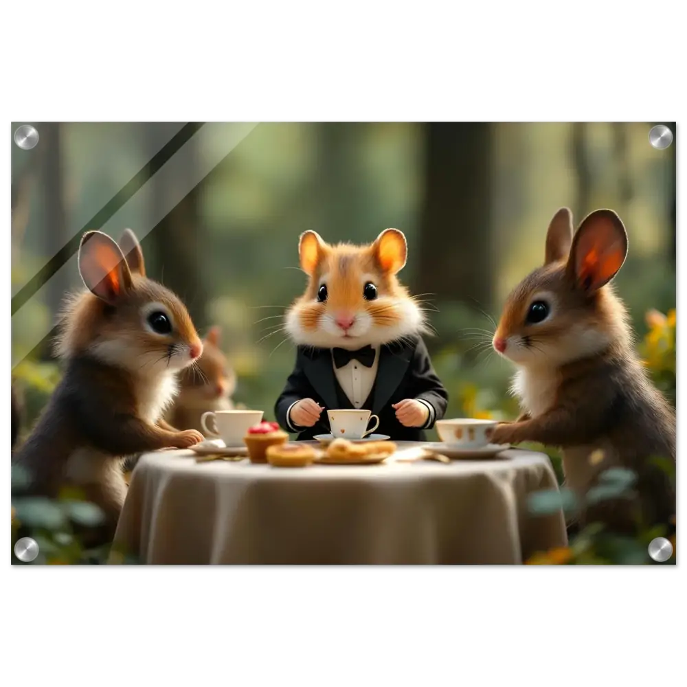 Anthropomorphic animals enjoying tea at enchanted forest gathering on PixiOnyx Crystal Print