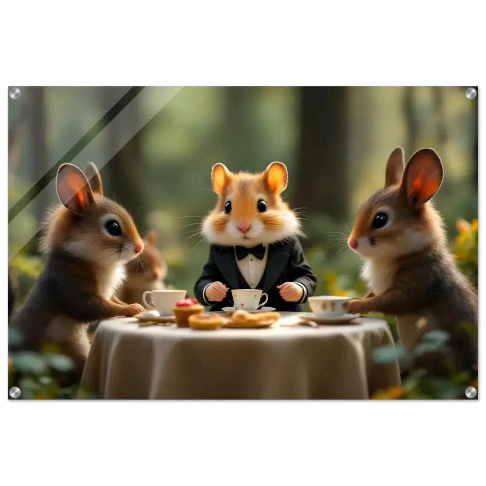 Anthropomorphic animals enjoying tea at a magical forest gathering acrylic panel