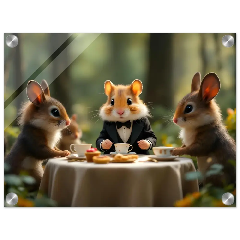 Anthropomorphic animals enjoying tea at an enchanted forest gathering on PixiOnyx Crystal Print