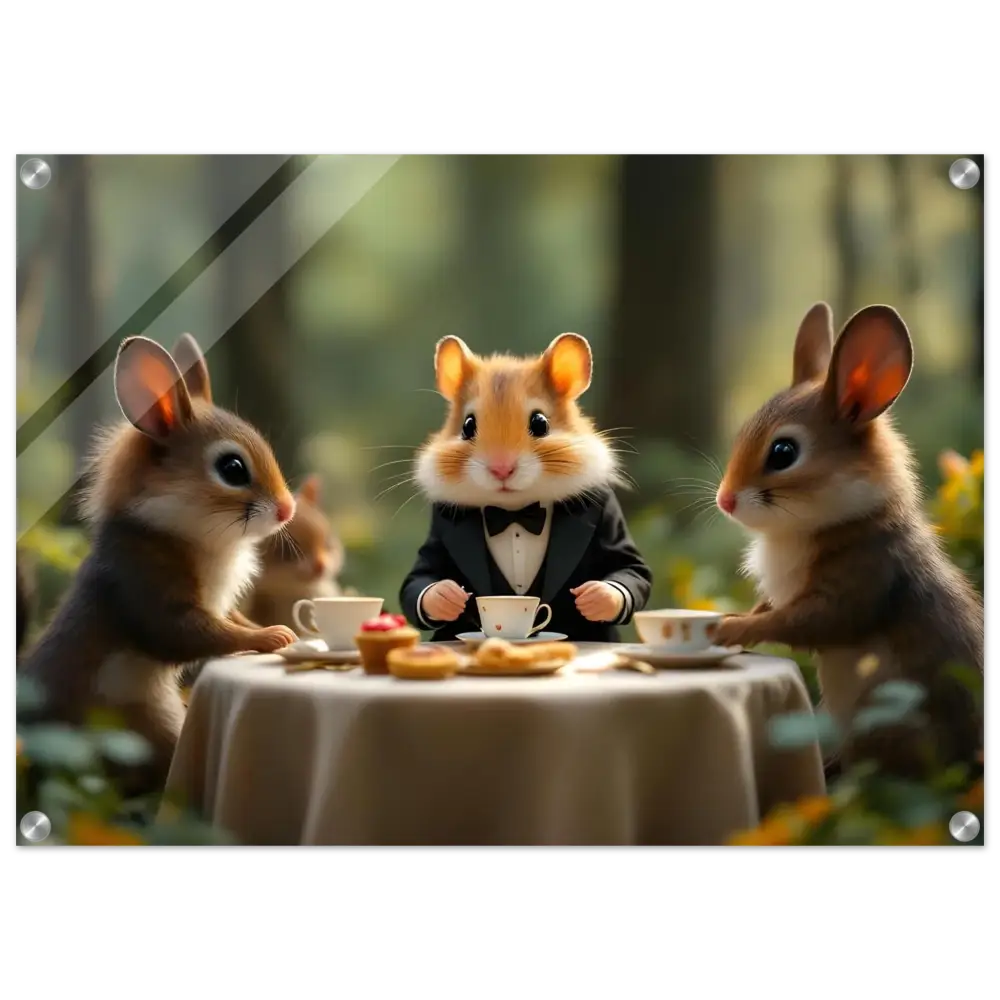 Anthropomorphic hamsters enjoying tea at an enchanted forest gathering acrylic panel