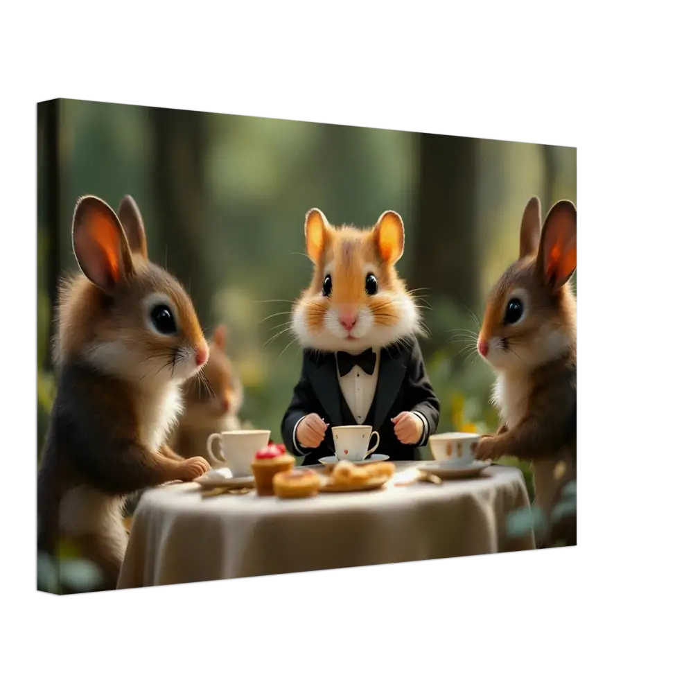 Whimsical animal tea party scene on Canvas from PixiOnyx Fantasy Wall Art