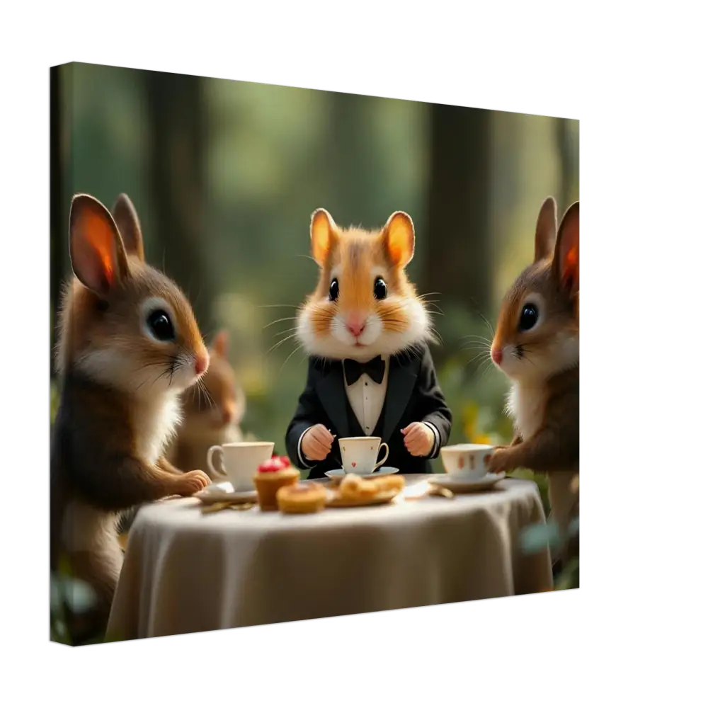 Anthropomorphic animals enjoying tea in a whimsical forest scene on PixiOnyx Wall Art
