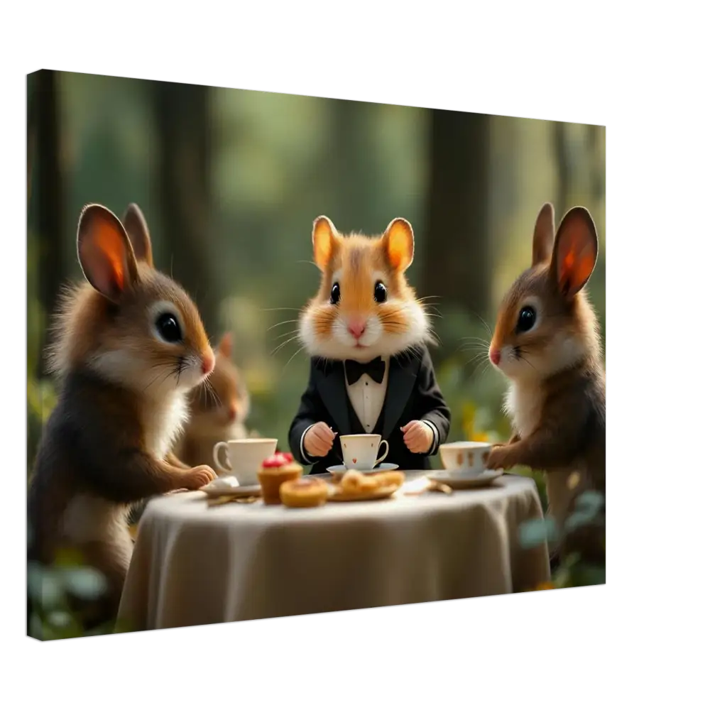 Anthropomorphic animals enjoying a tea party in a whimsical forest scene on Canvas