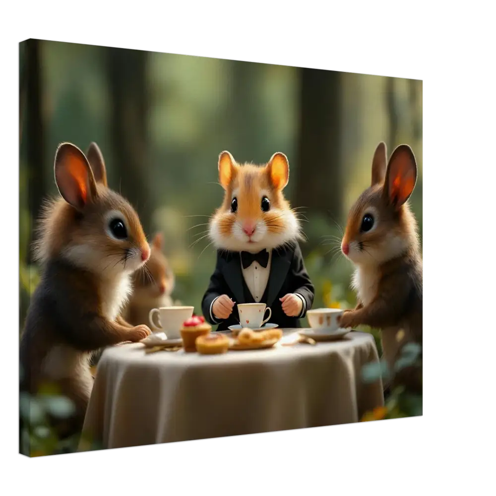 Anthropomorphic animals enjoying tea in a whimsical forest scene on PixiOnyx Wall Art