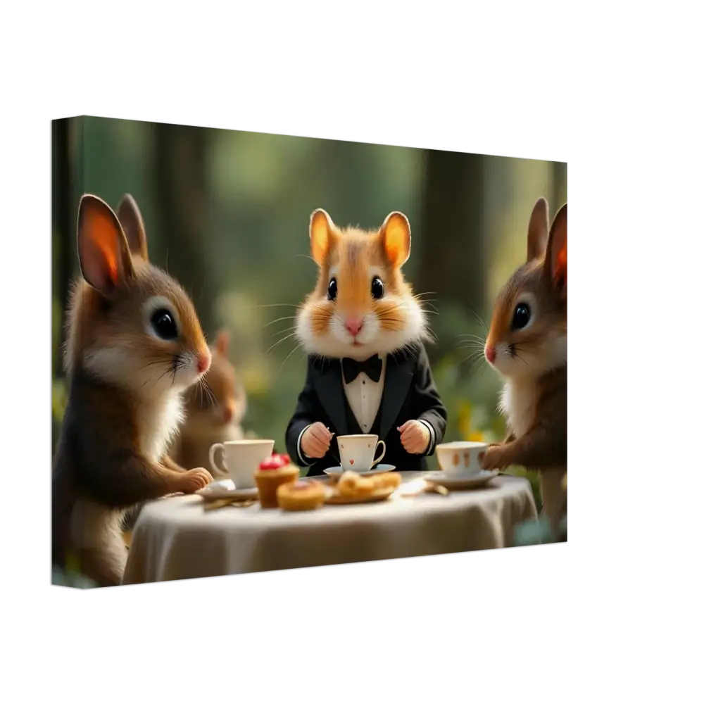 Anthropomorphic animals enjoying a tea party in a whimsical forest scene on a canvas wall art