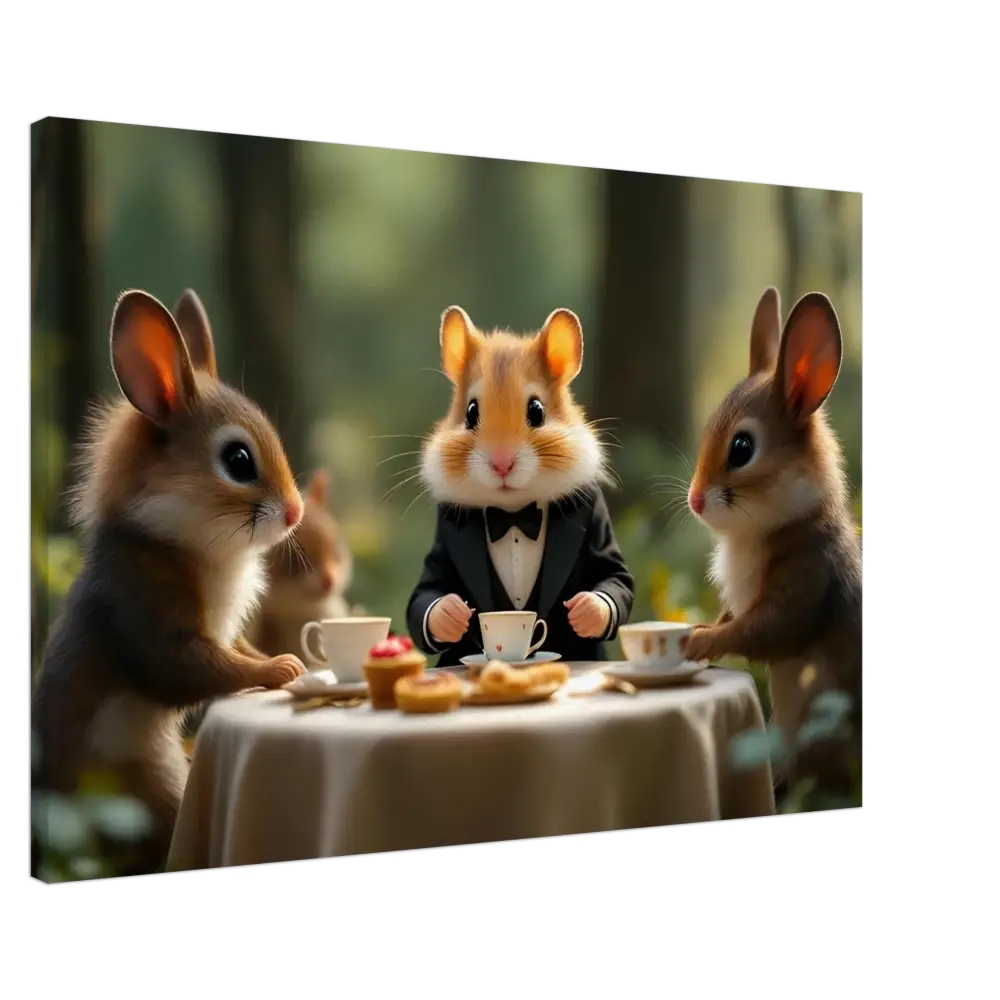 Anthropomorphic animals enjoying tea in a whimsical Forest scene on PixiOnyx Fantasy Wall Art
