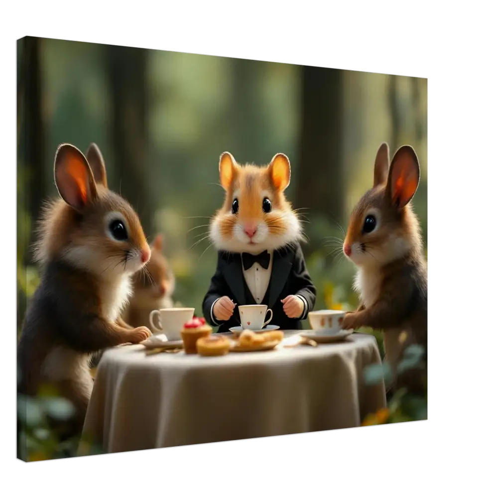 Anthropomorphic animals enjoying a tea party in a whimsical forest scene Wall Art
