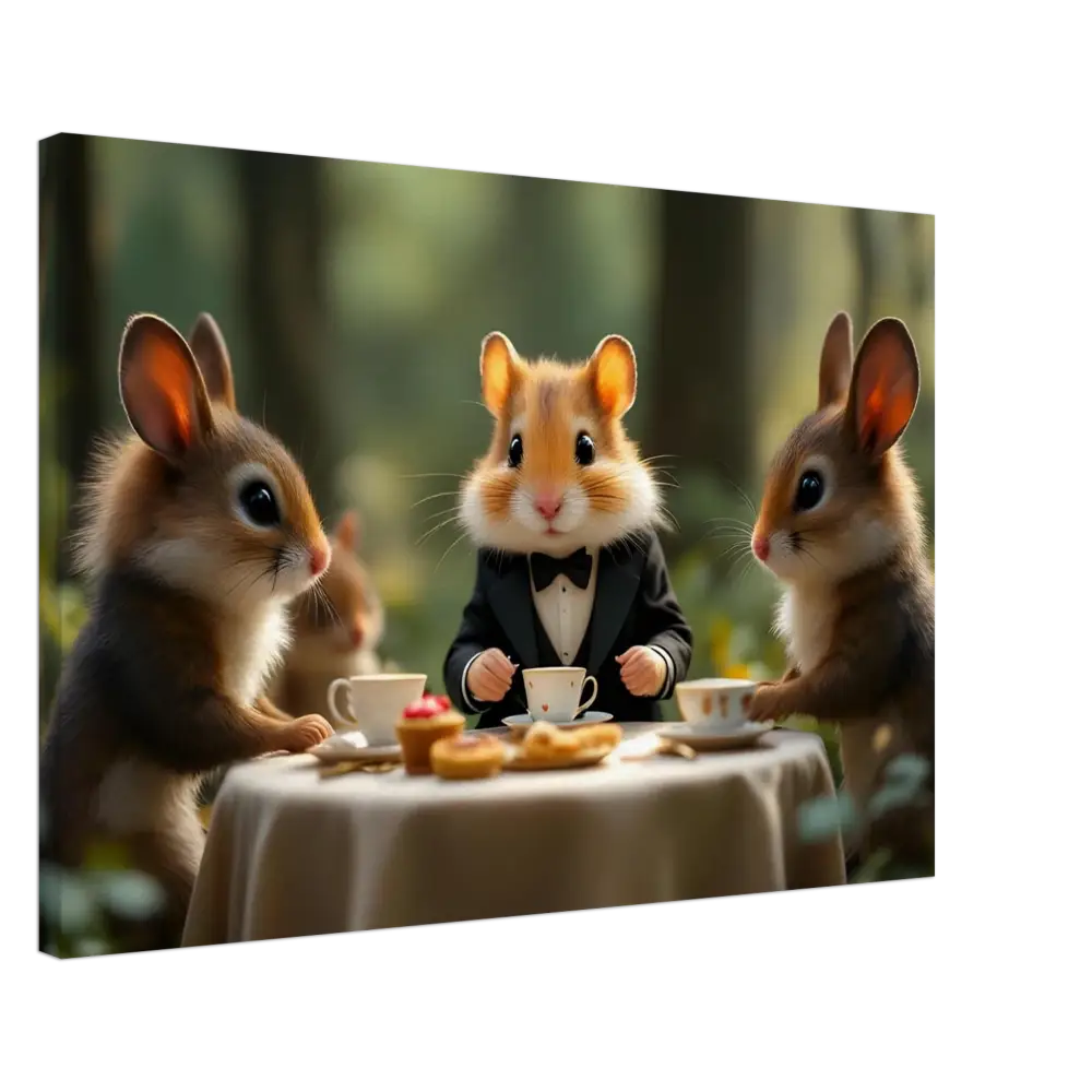 Anthropomorphic animals enjoying a whimsical tea party in Forest Whimsy Scene Wall Art