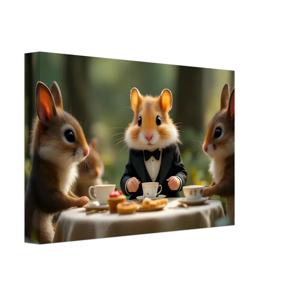 Anthropomorphic animals having a whimsical tea party in a forest scene Canvas art