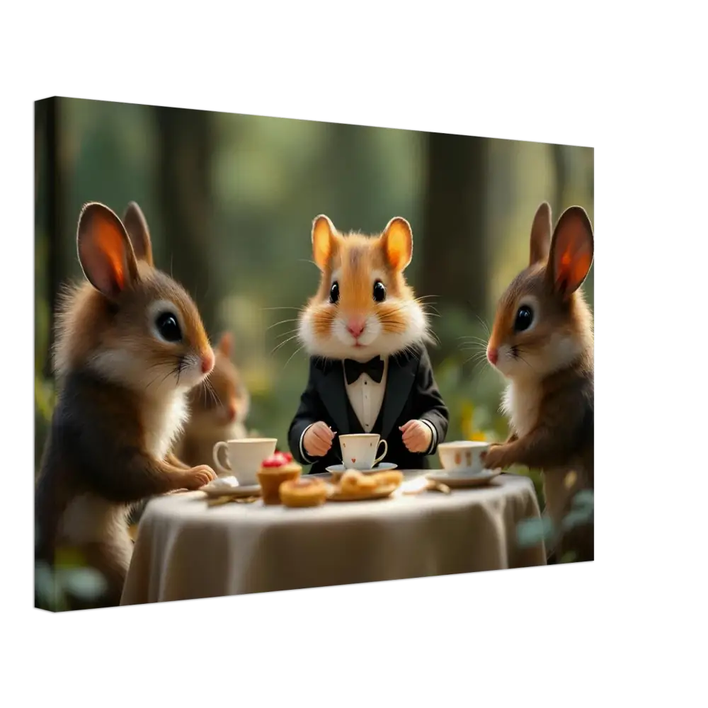Anthropomorphic animals enjoying a whimsical tea party scene in Forest Whimsy Canvas artwork